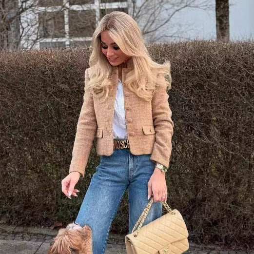 Elegant blazer jacket for women in classic style made of tweed with chic and stylish button details