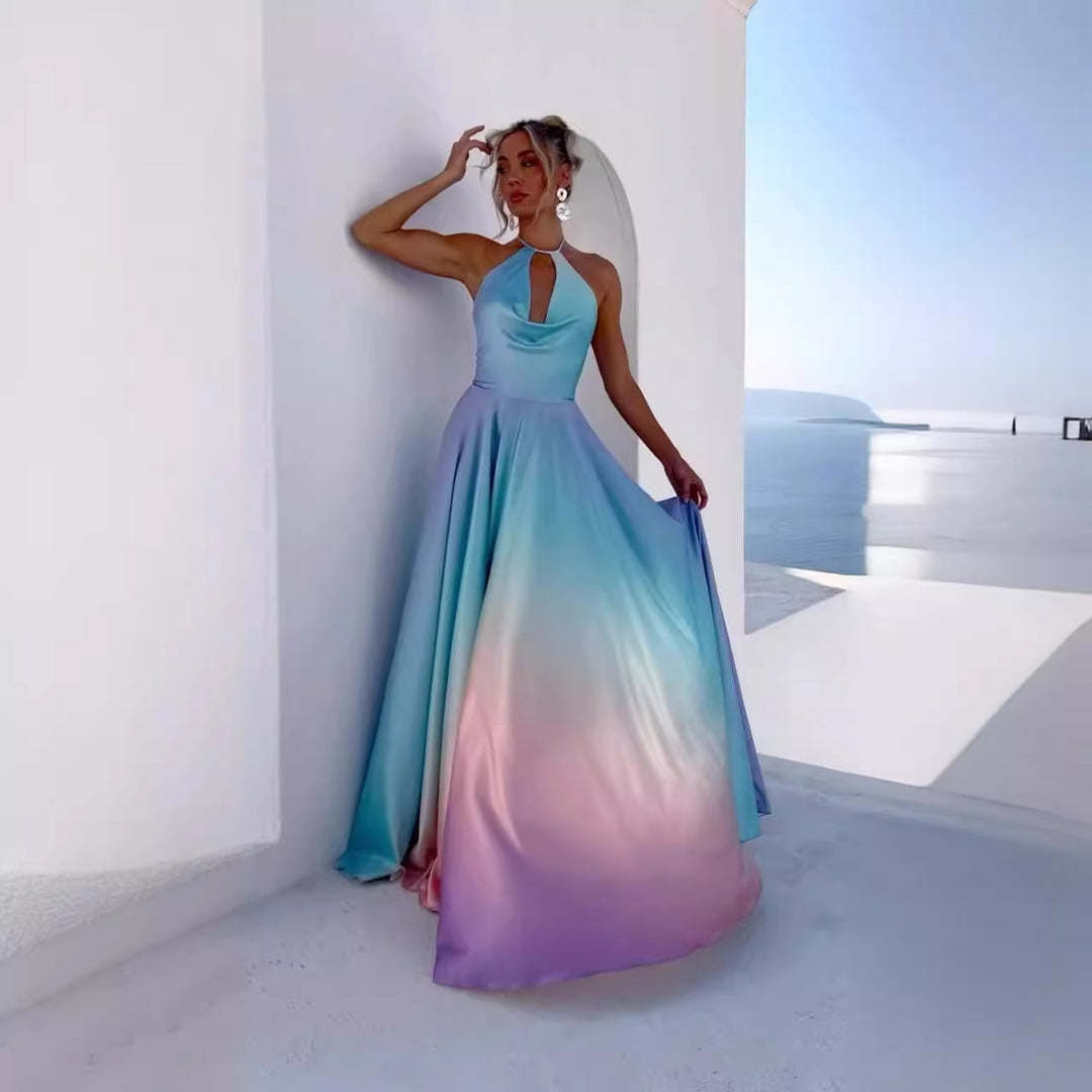 Women's A-line maxi dress with deep keyhole neckline and shimmering fabric
