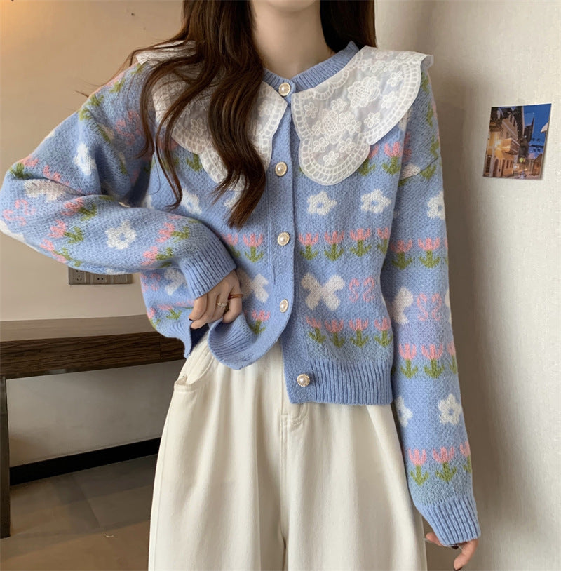 Ladies fashion cardigan with lace collar and floral design Lune London