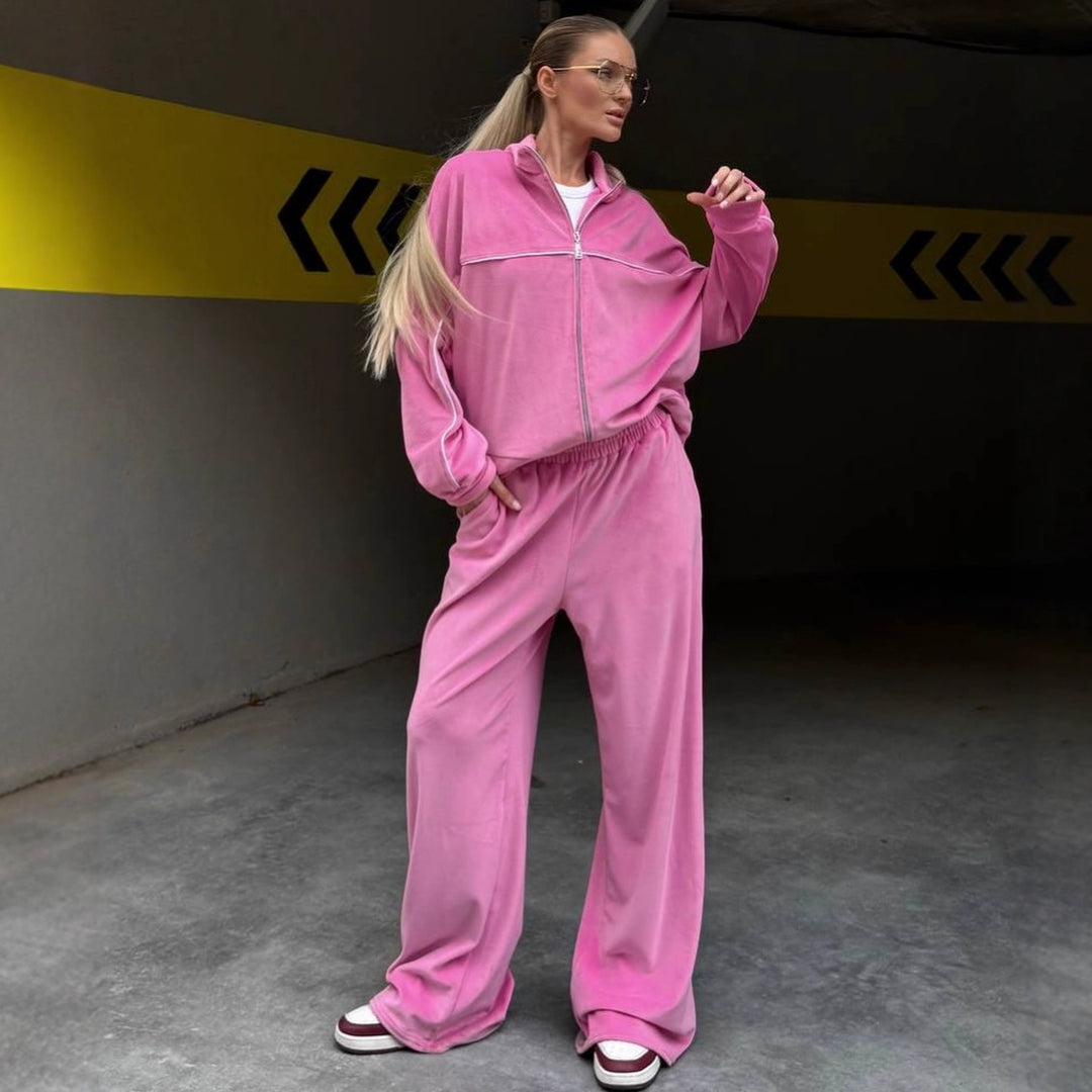 Lune London women's sporty velour lounge set with full zip and wide pants
