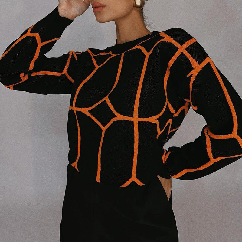 Ladies Elegant Knitted Sweater with Geometric Pattern and Round Neck Lune London