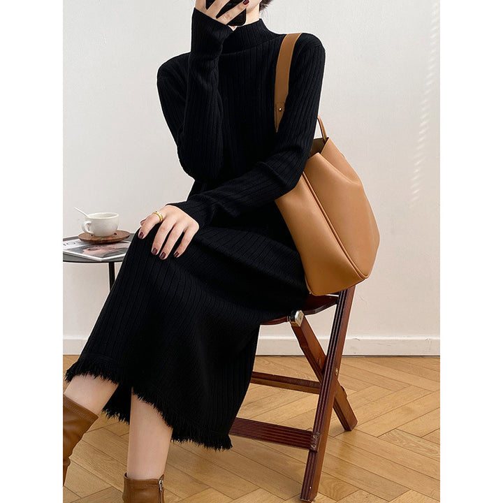 Knit dress for women with high collar and striped pattern Lune London
