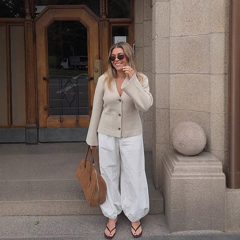 Casual knitted jacket for women with wide sleeves and button detail Lune London