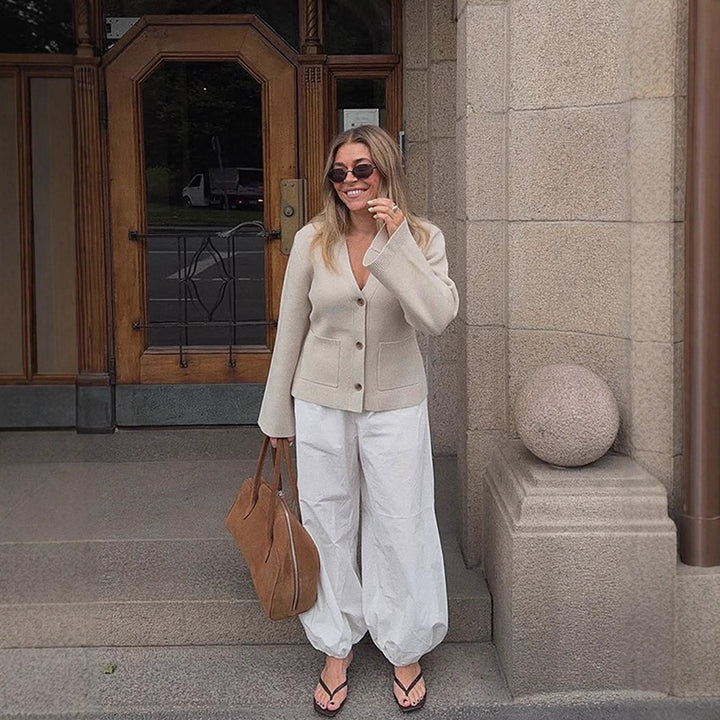 Casual knitted jacket for women with wide sleeves and button detail Lune London