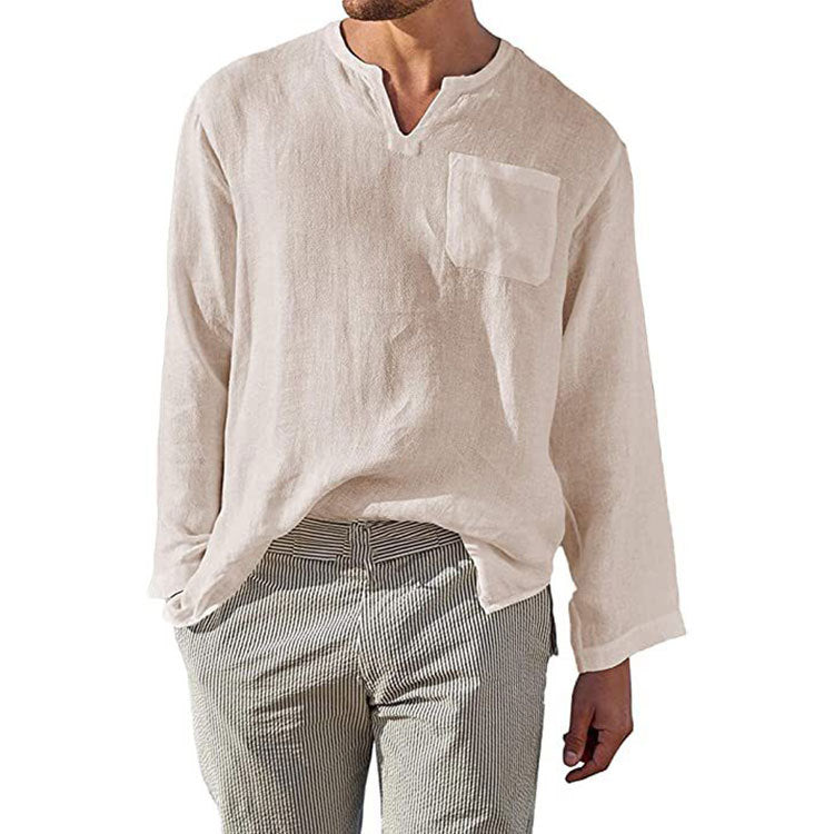 Men's long sleeve linen shirt with Henley collar and chest pocket Lune London
