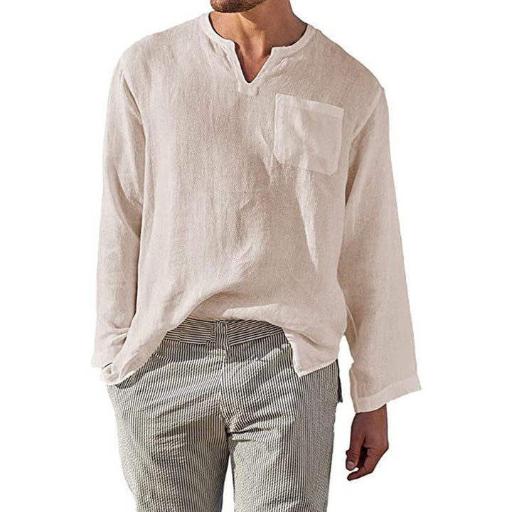 Men's Linen Long Sleeve Shirt with Henley Neckline and Chest Pocket Lune London