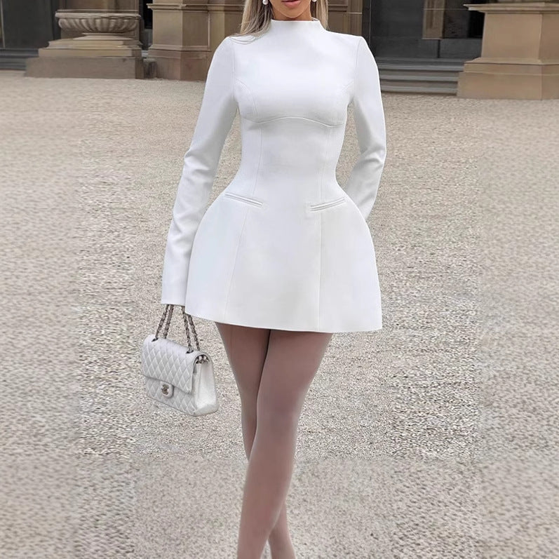 Ladies Elegant Mini Dress with High Collar and Chic Long Sleeves
