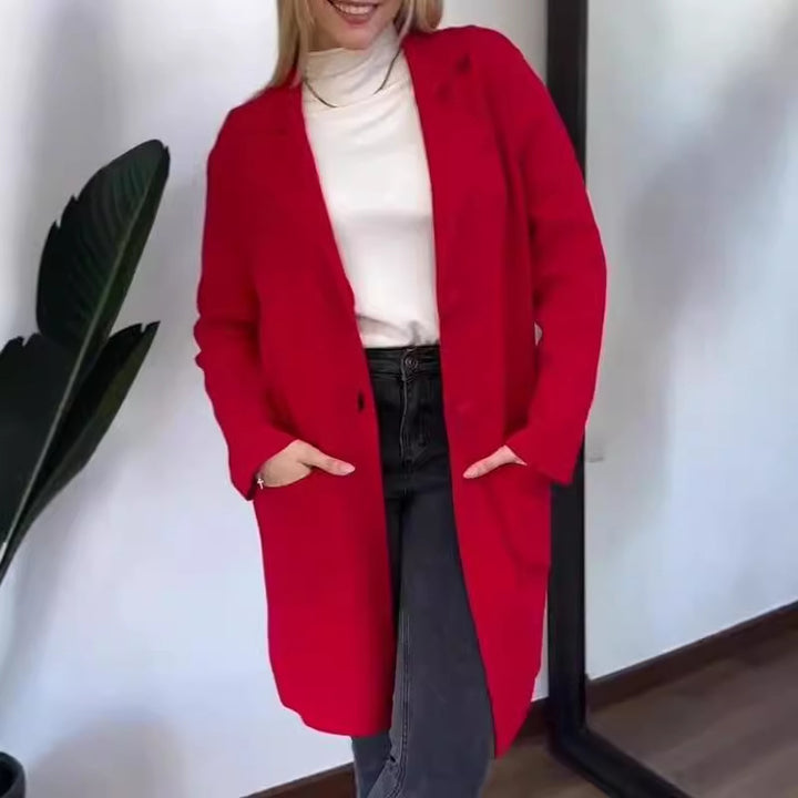 Ladies Elegant Long Coat with Side Pockets and Classic Chic Lapels