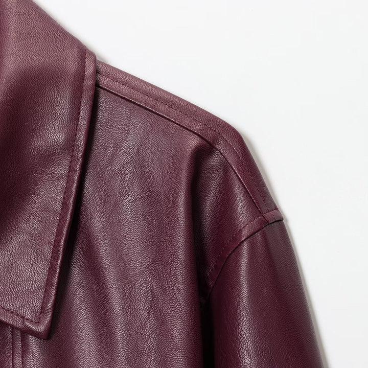 Fashionable faux leather jacket for women with elastic belt and high collar Lune London