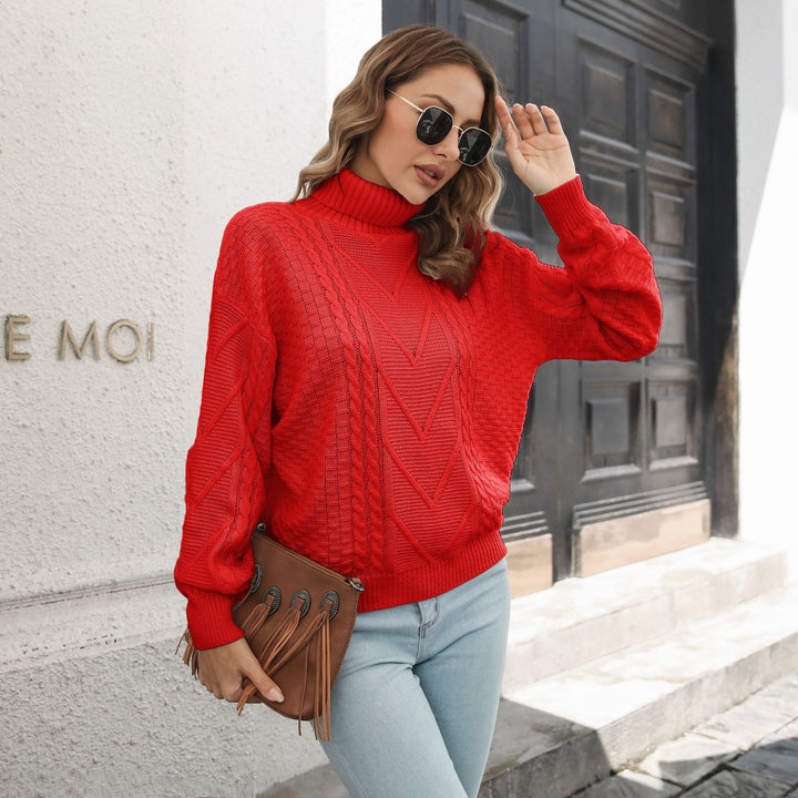 Women's Knitted Pullover with Textured Cable Pattern and Turtleneck Lune London
