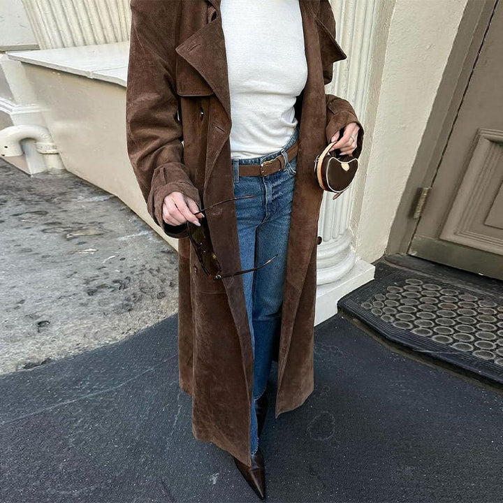 Elegant long suede coat for women with removable collar and practical pockets Lune London