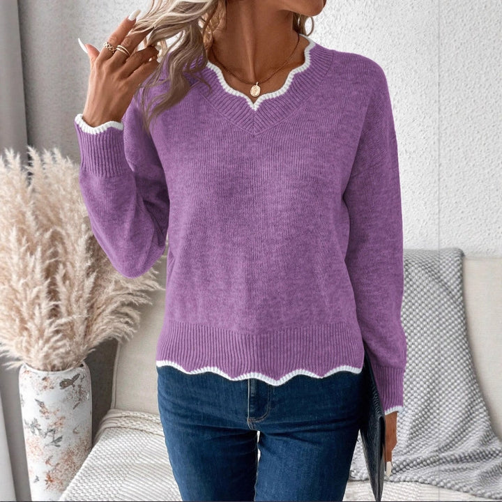 Pull décontracté pour femmes à col en V avec ourlet festonné Chic & Stil