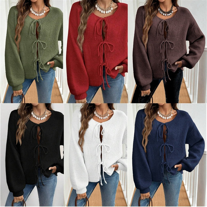 Women's knit sweater with a decorative lace-up design and casual balloon sleeves Lune London