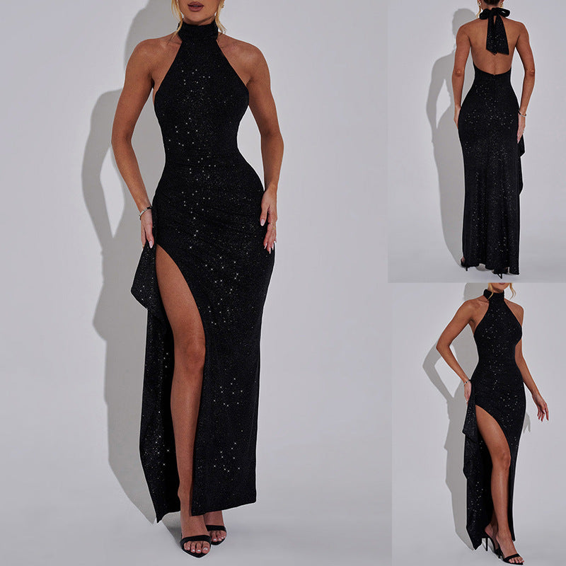 Women Elegant Evening Dress with High Slit and Glitter Details Lune London