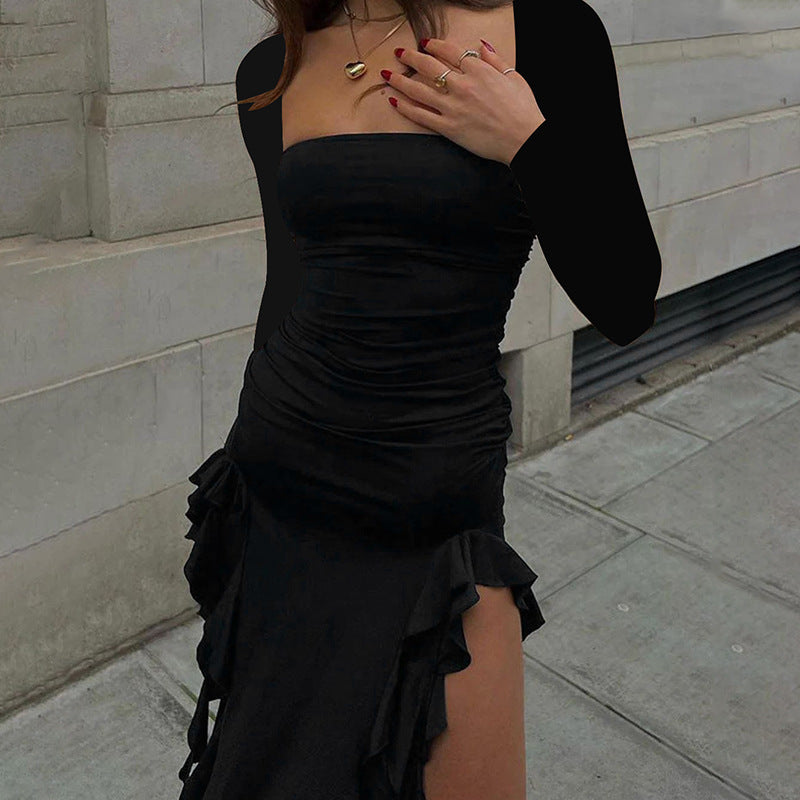 Elegant and sculpting evening dress for women with ruffles and matching top Lune London