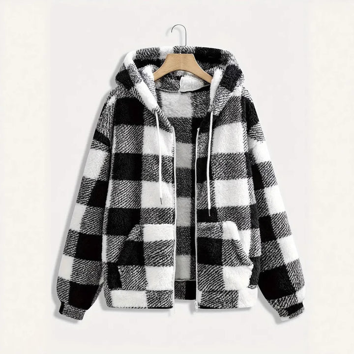 Lune London Women's Hooded Plush Jacket with Plaid Pattern