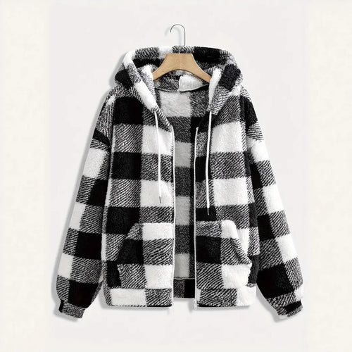 Lune London Women's Hooded Plush Jacket with Plaid Pattern