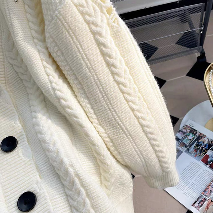 Ladies chunky knit cardigan with deep V-neckline and button details Lune London