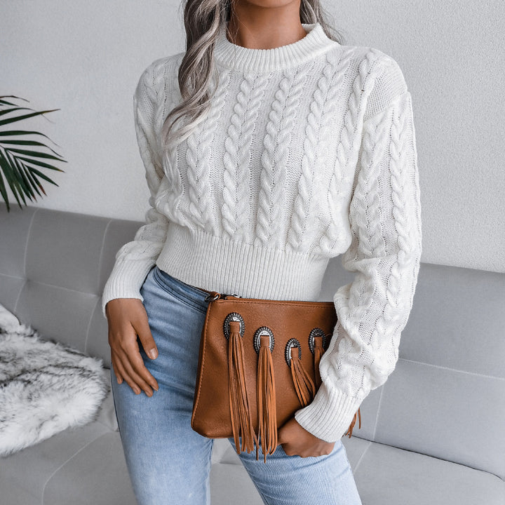 Thick knit sweaters for women with modern braid design and chic ribbed edges