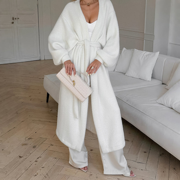Soft knit coat for women with a tie belt and wide sleeves Lune London