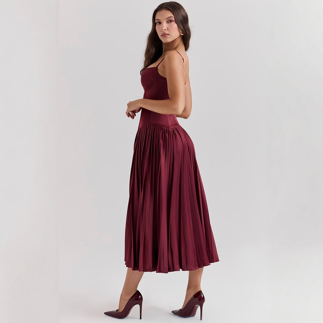 Ladies Elegant Maxi Dress with Corset Top and Flared Skirt Lune London