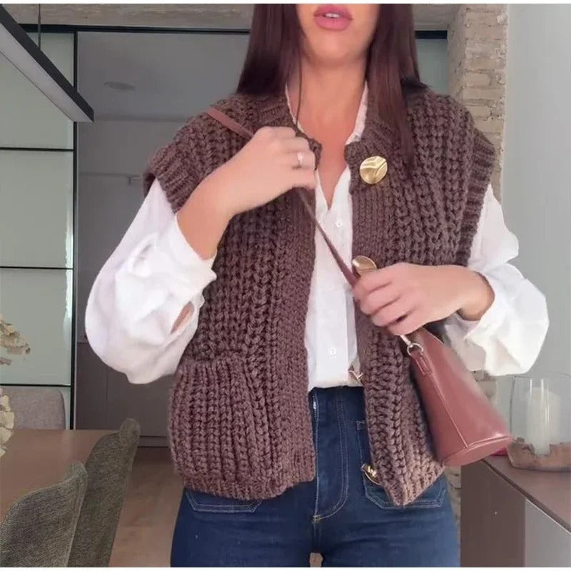 Ladies knitted vest with pockets and button detail Lune London
