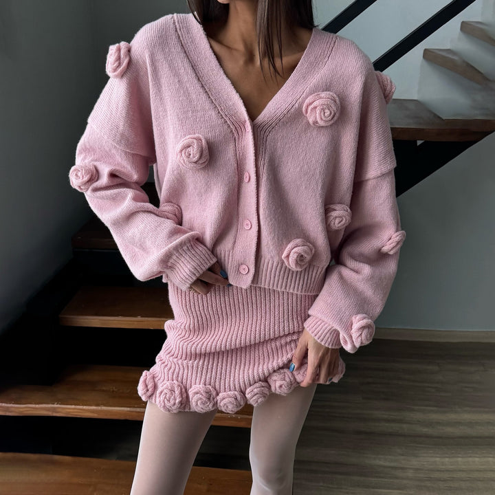 Knitted jacket for women with floral design and matching skirt Lune London