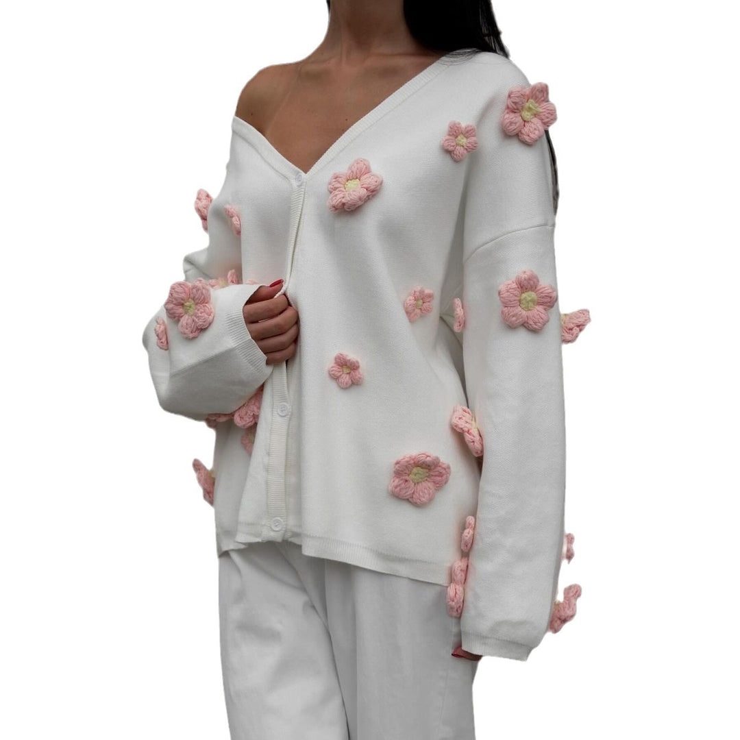 Ladies' knit jacket with 3D floral design and V-neck Lune London