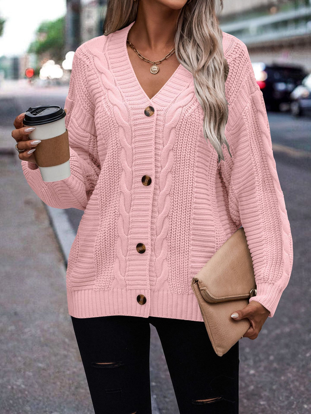 Cable knit patterned cardigan for women with button detail Lune London