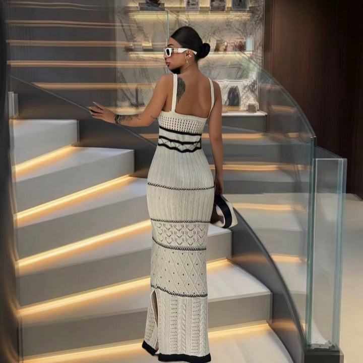 Maxi dress in knit for women with refined crochet patterns and side slit Lune London