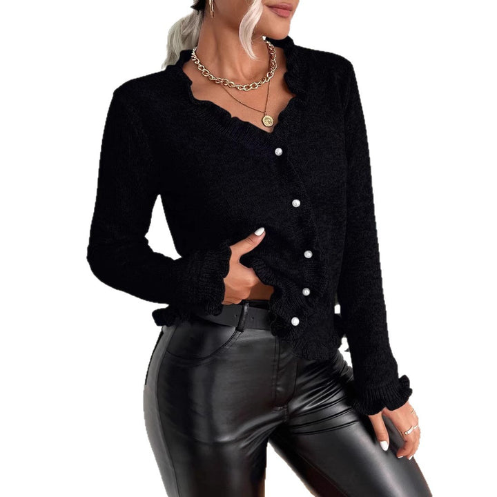 Knit jacket for women with ruffled details and button closure Lune London