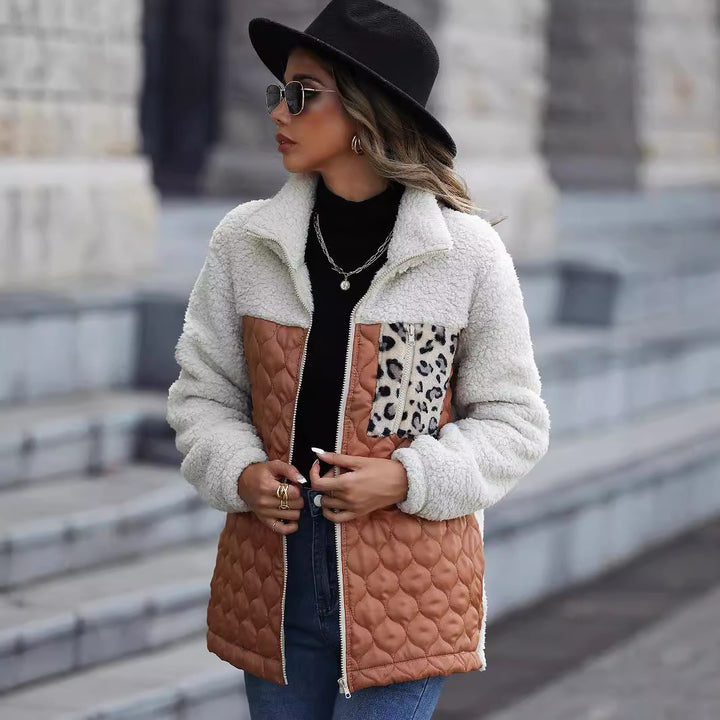 Women's fleece jacket with modern patchwork details and a chic animal print