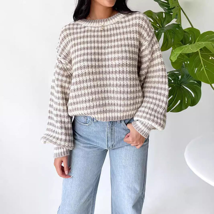 Women Short Knit Sweater with Flared Sleeves and a Chic and Stylish Striped Pattern