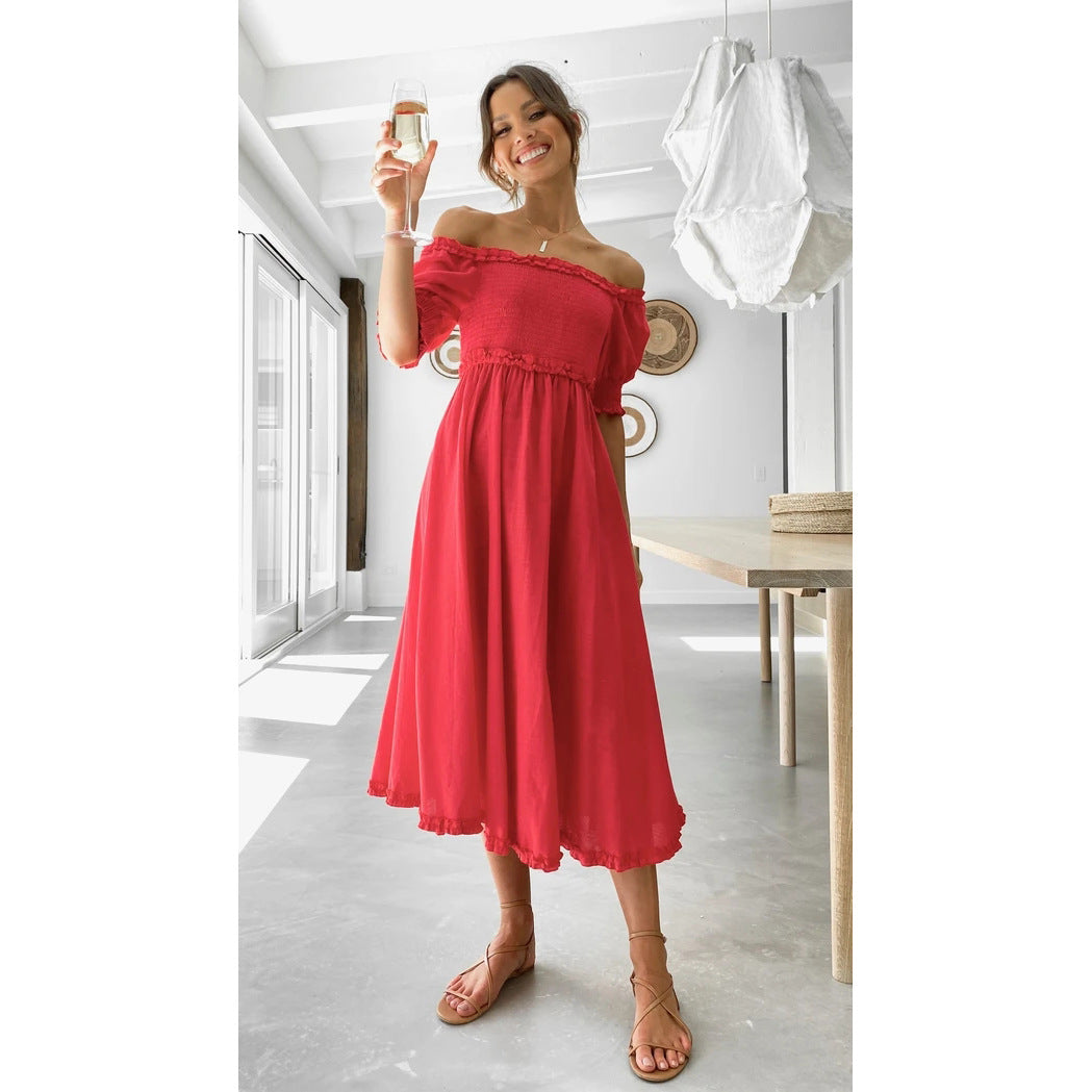 Women's Off-Shoulder Midi Dress with Airy Silhouette and Ruffle Details Lune London