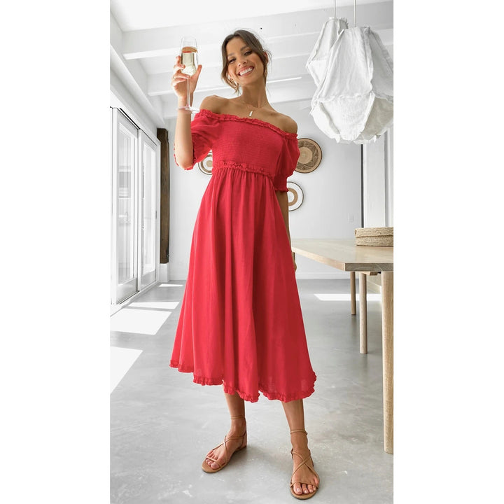 Women's Off-Shoulder Midi Dress with Airy Silhouette and Ruffle Details Lune London
