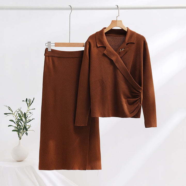 Elegant knit set for women with a wrap top and refined high waist Lune London