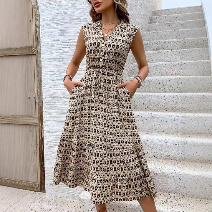 Midi dress for women with button details and elastic waistband Lune London