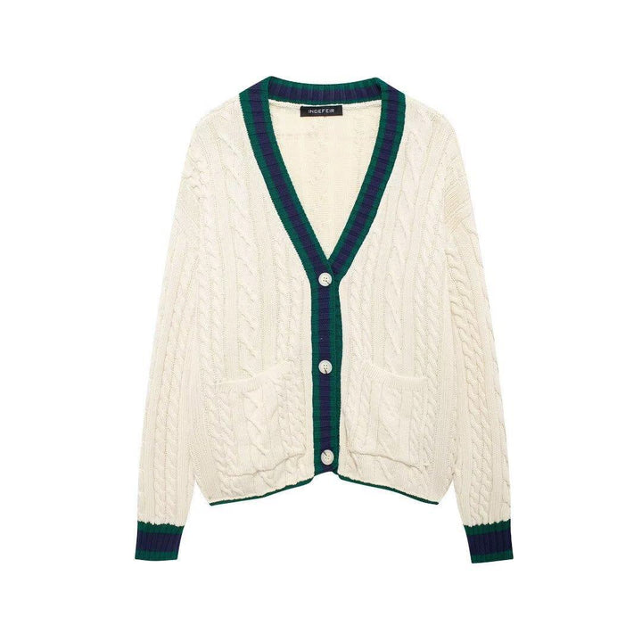 Knit jacket for women with V-neck and decorative cable patterns Lune London