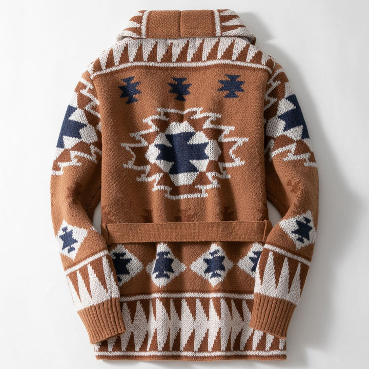 Women’s knit jacket with geometric pattern and belt Lune London