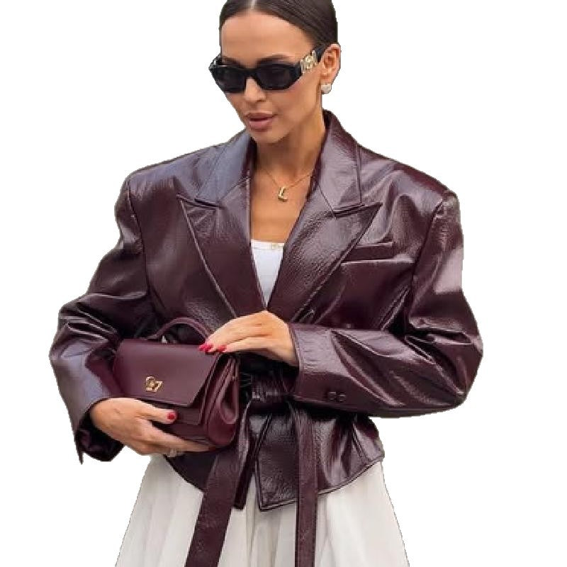 Faux leather blazer for women with adjustable belt Lune London