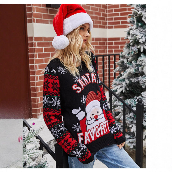 Women's Christmas sweater with festive Santa pattern and chic shiny details