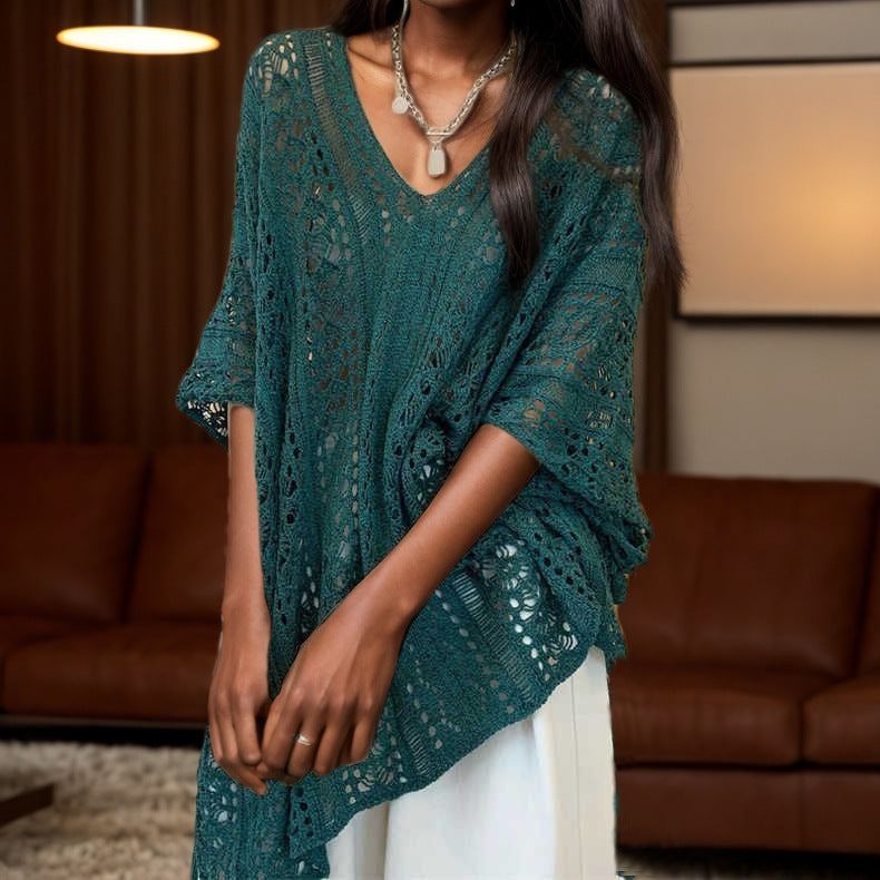 Crochet poncho for women with V neckline and open sleeves Lune London
