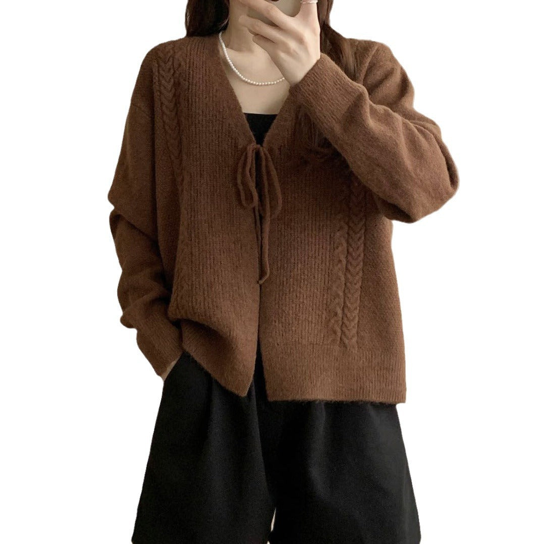 Women’s knit jacket with cable pattern and decorative drawstring Lune London