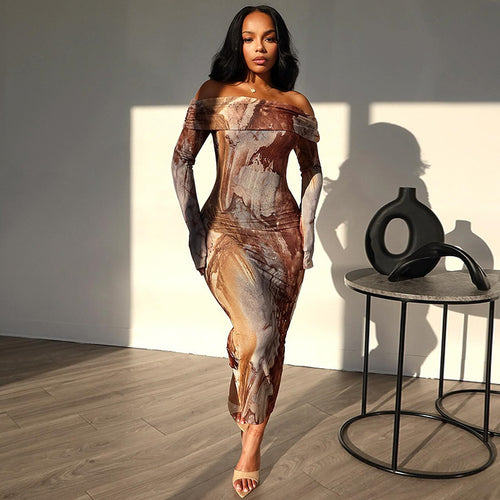 Lune London Off-shoulder Abstract Midi Dress