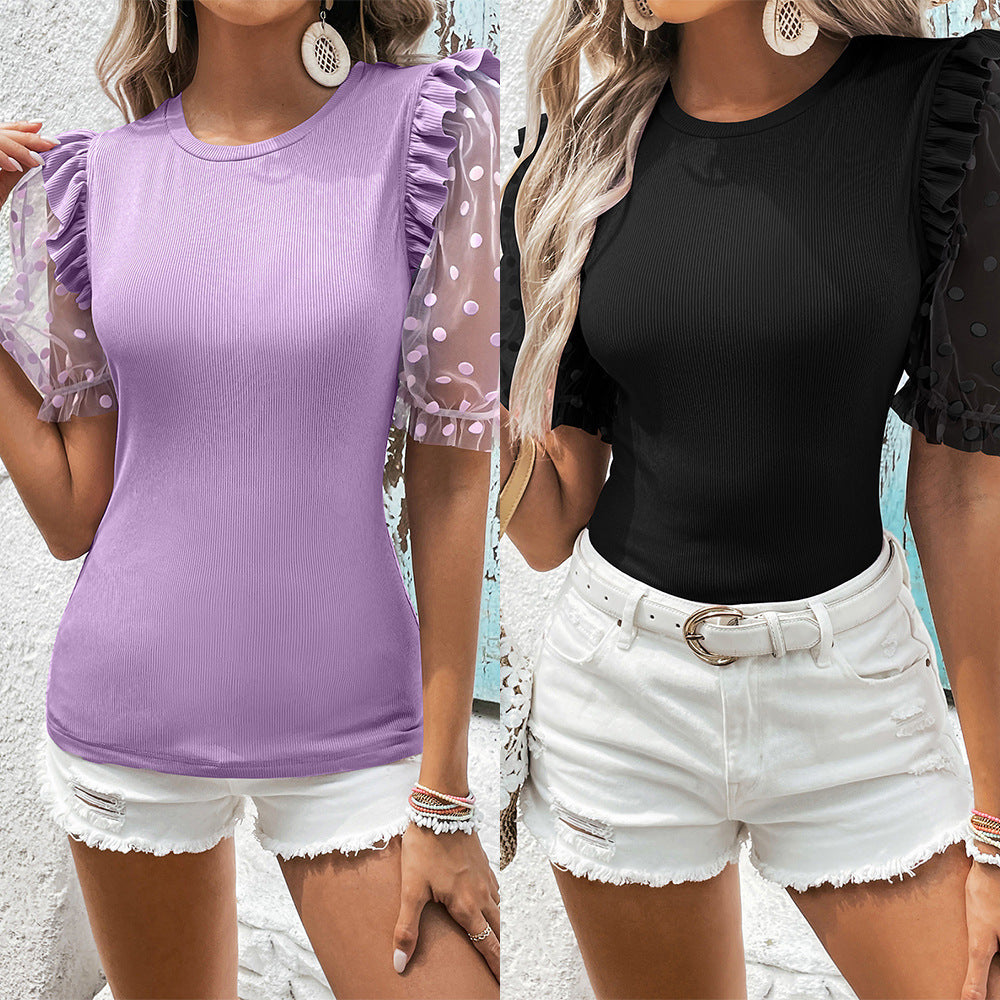 Women's trendy top with transparent puff sleeves and ruffle details Lune London