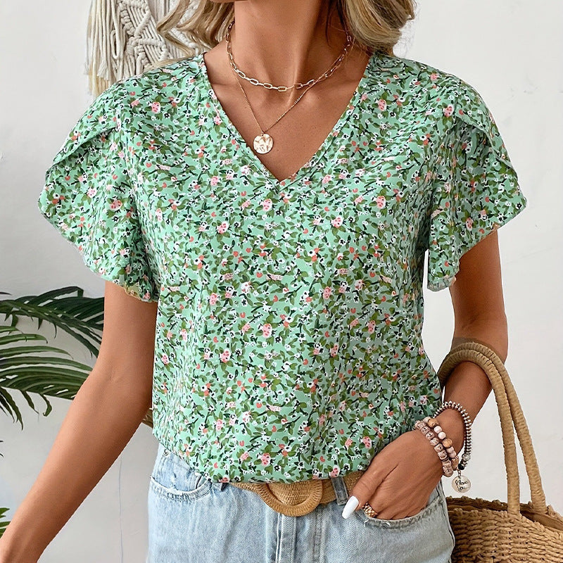 Women's V-Neck Blouse with Floral Pattern and Ruffle Details Lune London