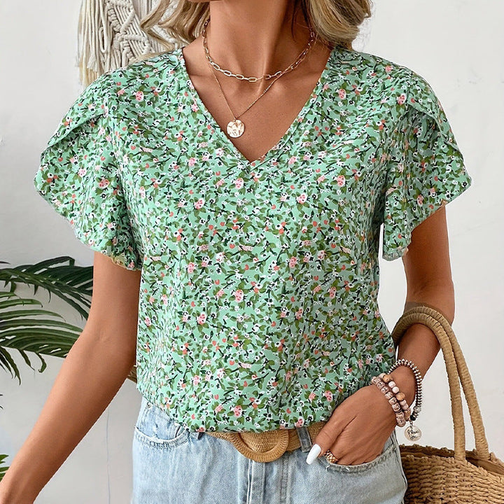 Women's V-Neck Blouse with Floral Pattern and Ruffle Details Lune London