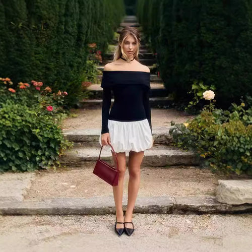 Mini Off-Shoulder Dresses for Women with Long Sleeves and Elegant Chic Ruffled Hem