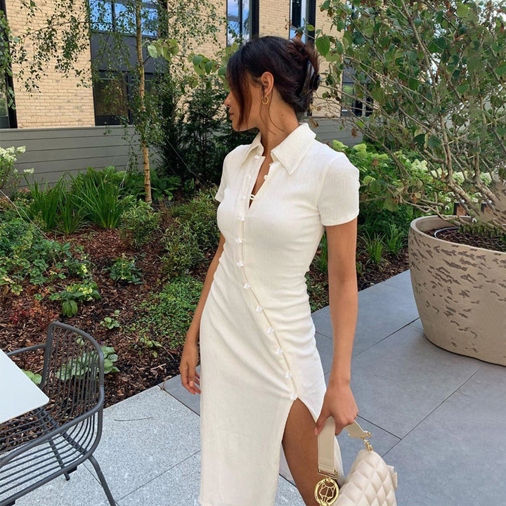 Midi dress women with button detail and side slit Lune London