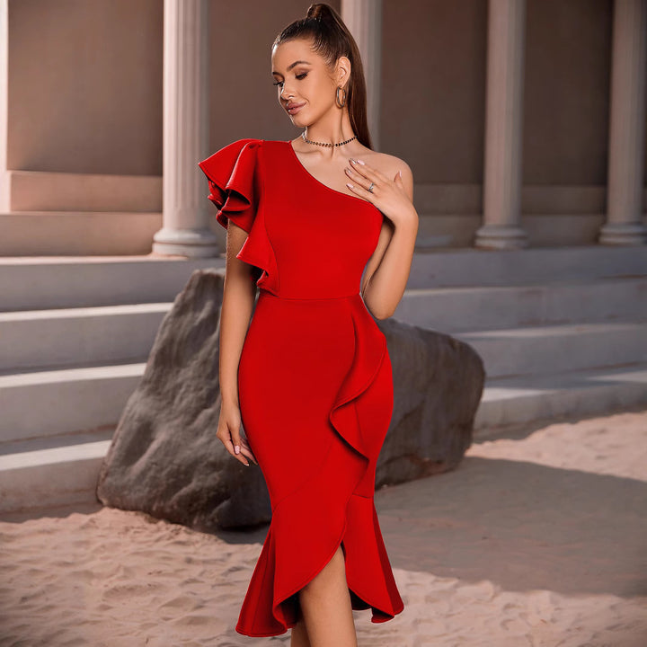 Robe Midi Femme avec Volants et Design Asymétrique Chic & Stil